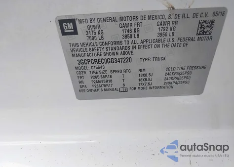 2016 Chevrolet Silverado 1500 1Lt из США, поврежденный, VIN 3GCPCREC0GG347220